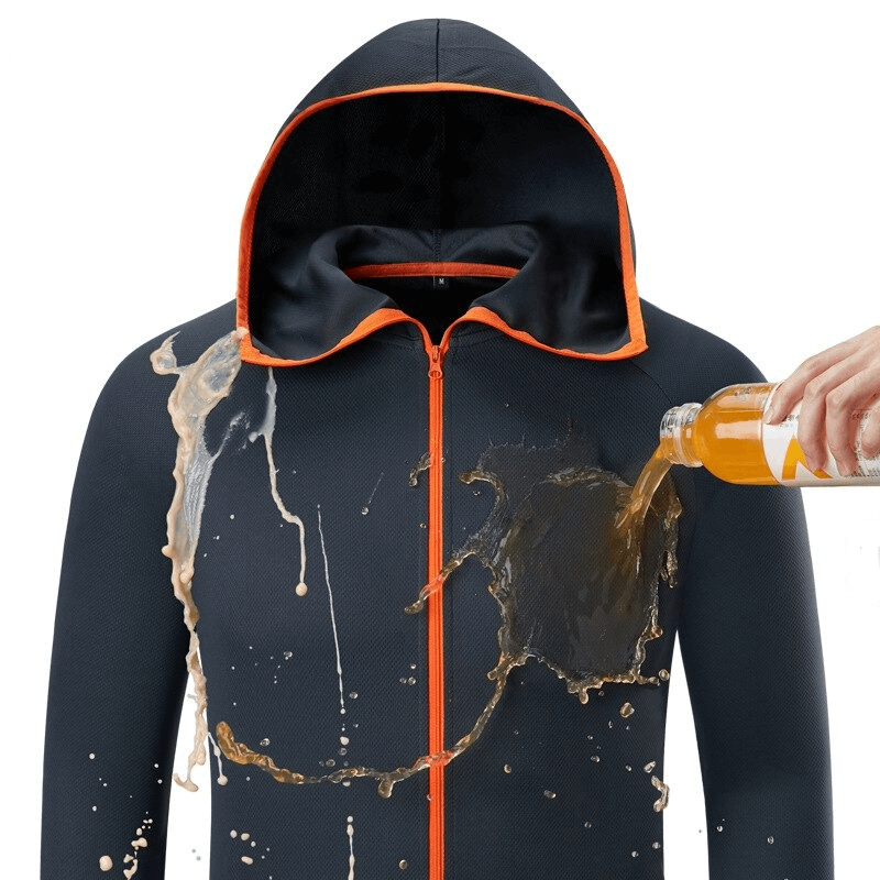Waterproof sunscreen jacket for men with liquid repelling fabric, stylish turn-down collar, and vibrant orange accents, SF0406.
